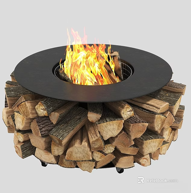 Round Outdoor Fire Pit With Burning Flames And Stacked Firewood Around 3d model 