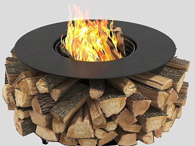 Round Outdoor Fire Pit With Burning Flames And Stacked Firewood Around 3d model