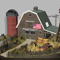Traditional Farm Barn With Red Silo Windmill And Hay Bales Tractor