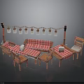 Cozy Outdoor Leisure Setup With Red Checkered Sofa Tables Chairs And Hanging Lanterns