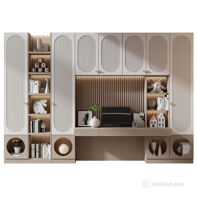 Modern Wooden Bookcase With Integrated Desk Minimalist Design Decorative Items Green Plant And Computer 3d model 