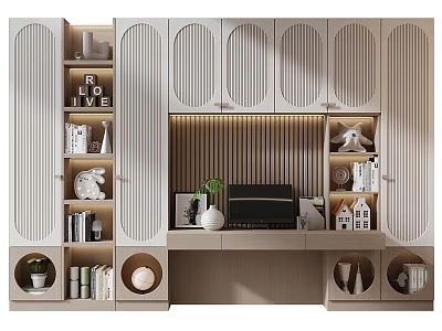 Modern Wooden Bookcase With Integrated Desk Minimalist Design Decorative Items Green Plant And Computer 3d model