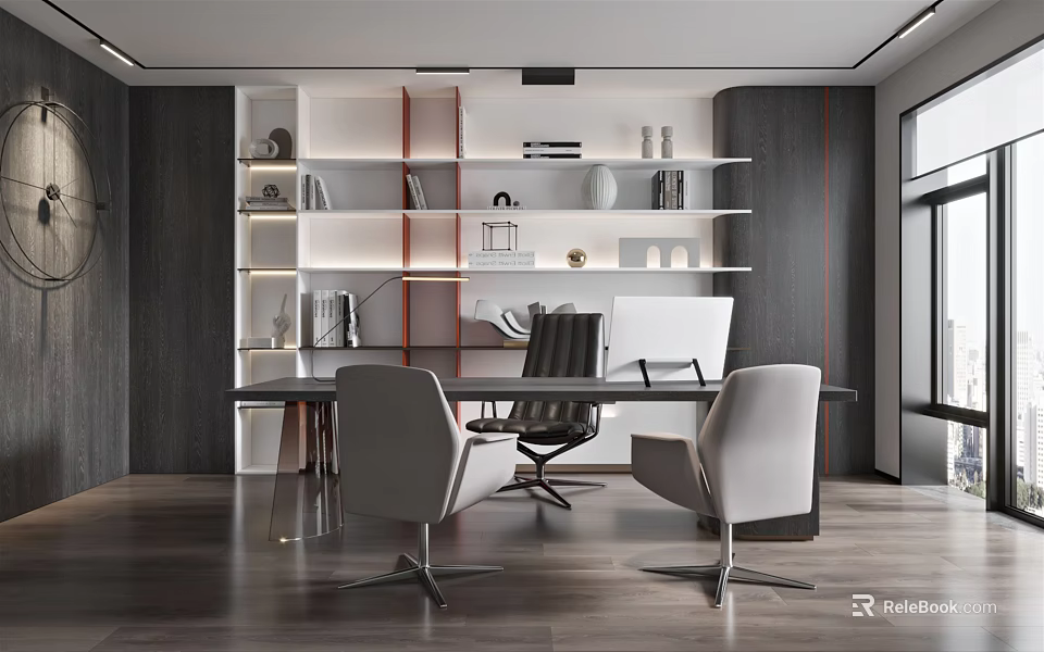 Modern Office Interior With Wooden Desk Ergonomic Chairs Floating Shelves And Computer Monitor 3d model 