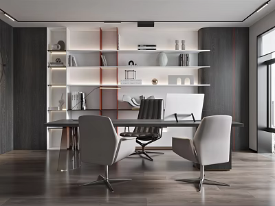 Modern Office Interior With Wooden Desk Ergonomic Chairs Floating Shelves And Computer Monitor 3d model