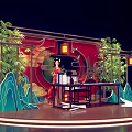 Interactive Area With Traditional Costume Woman And Chinese Style Stage Red Backdrop Bamboo Lanterns