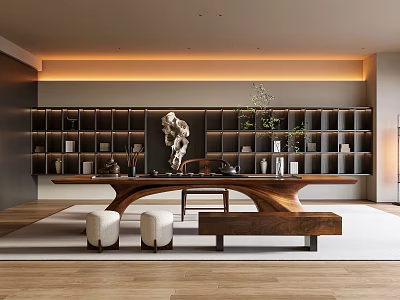 Modern Tea Room Interior Design With Long Wooden Table Bookshelves Sculpture Greenery And Wooden Floor 3d model