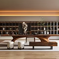Modern Tea Room Interior Design With Long Wooden Table Bookshelves Sculpture Greenery And Wooden Floor