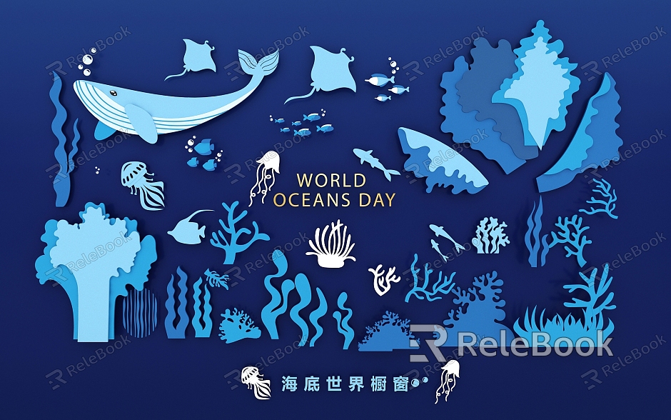 Paper-cut Wind Marine Life Silhouette Ocean Day Whale Life Underwater World Creative Illustration model