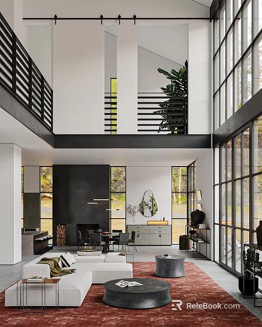 Modern Open Living And Dining Room Interior With High Ceiling Large Windows Black White Fireplace Sofa Dining Table 3d model 