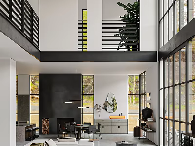Modern Open Living And Dining Room Interior With High Ceiling Large Windows Black White Fireplace Sofa Dining Table 3d model