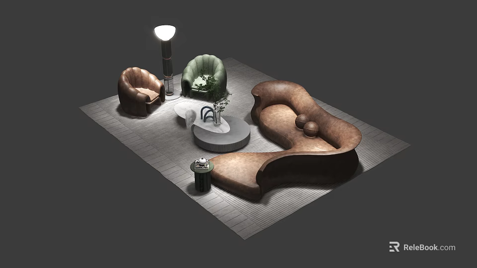 Modern Curved Sofa Coffee Table Set With Accent Chairs Floor Lamp And Area Rug 3d model 