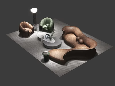 Modern Curved Sofa Coffee Table Set With Accent Chairs Floor Lamp And Area Rug 3d model