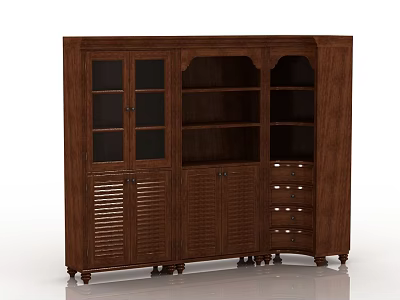 Traditional Wooden Bookcase With Glass Doors Open Shelves Drawers And Cabinets 3d model