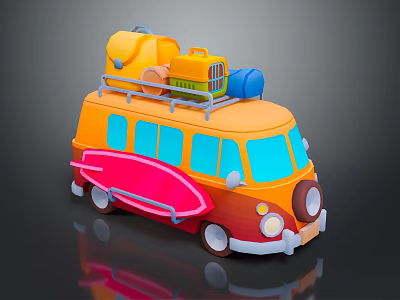 Colorful Cartoon Orange Van With Roof Rack Luggage And Red Surfboard 3d model