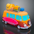 Colorful Cartoon Orange Van With Roof Rack Luggage And Red Surfboard