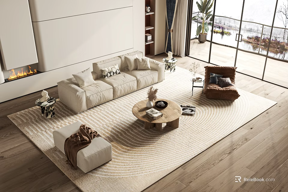 Modern Beige Sofa And Wooden Coffee Table Set With Armchair Area Rug And Fireplace 3d model 