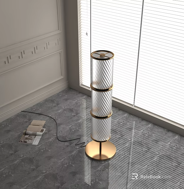 Modern Layered Glass Floor Lamp With Gold Base In Room With Marble Floor 3d model 