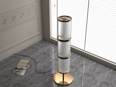 Modern Layered Glass Floor Lamp With Gold Base In Room With Marble Floor 3d model