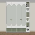 Modern White Wardrobe with Curved Doors Round Handles Green Striped Base and Decorative Shelves
