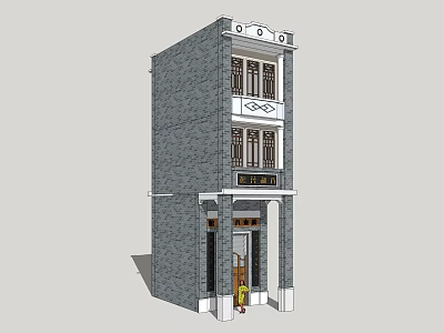 Traditional Style Commercial Complex With Gray Brick Facade Two Story Structure And Decorative Elements 3d model