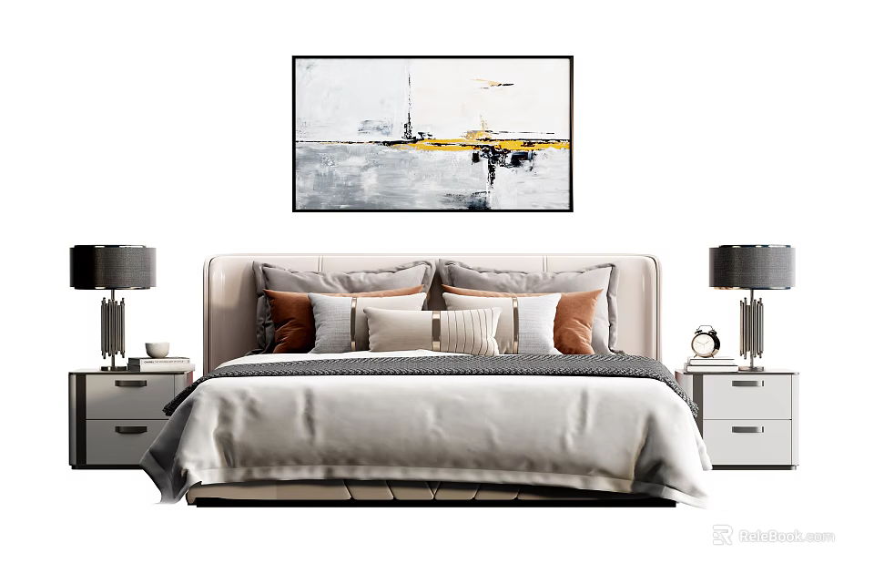 Modern Double Bed With Gray Bedspread Bedside Tables Lamps And Headboard Art 3d model 