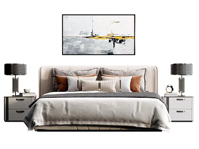 Modern Double Bed With Gray Bedspread Bedside Tables Lamps And Headboard Art 3d model
