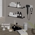 Stylish Bathroom Set Featuring Glass Shelves Hair Dryer Towels Bath Products And Green Plants