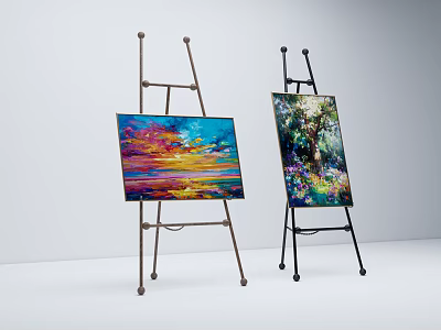 Vibrant Landscape Paintings on Easels with Sunset Sky and Forest Flowers 3d model