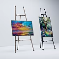 Vibrant Landscape Paintings on Easels with Sunset Sky and Forest Flowers