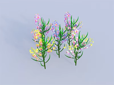 Colorful Flowering Plants with Pink Purple Yellow Blooms Green Stems Leaves and Light Blue Background 3d model