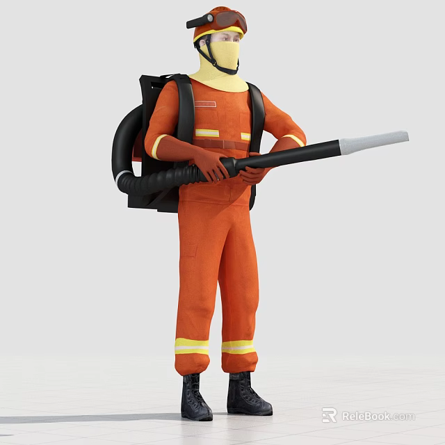 Man in Orange Firefighter Uniform Carrying Backpack and Holding Fire Hose 3d model 