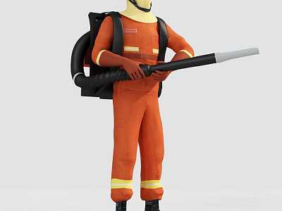 Man in Orange Firefighter Uniform Carrying Backpack and Holding Fire Hose 3d model
