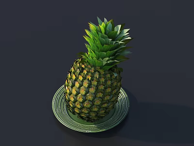 Fresh Ripe Pineapple With Green Leaves On Decorative Ceramic Plate 3d model