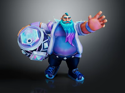 Muscular Fantasy Character With Blue Purple Beard Holding Geometric Orb And Blue Shoes 3d model