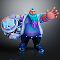 Muscular Fantasy Character With Blue Purple Beard Holding Geometric Orb And Blue Shoes