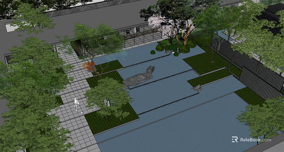 Garden Landscape Design With Water Features Stone Pathways And Green Plants 3d model