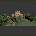 Cartoon Scene of Small Church Surrounded by Green Trees and Lush Grassland