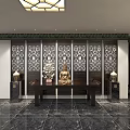 Luxurious Club Hallway With Marble Floor Dark Cabinets Decorative Painting Chinese Tile Decorations And Seats