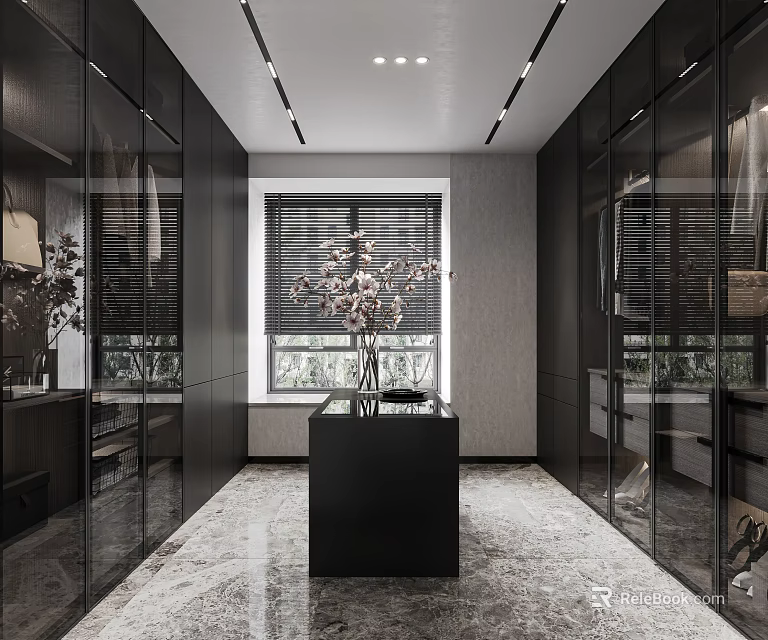 Modern Walk in Closet Design With Glass Door Wardrobes Marble Flooring And Black Console 3d model 