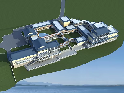 Aerial Planning of Complex With Connected Structures Blue Rooftops Green Lawns Waterfront and Mountain Views 3d model