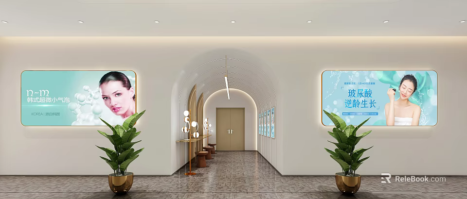 Modern Public Office Area Interior With Arched Doorway Green Plants Wall Displays And Lighting 3d model 