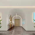 Modern Public Office Area Interior With Arched Doorway Green Plants Wall Displays And Lighting