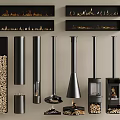 Modern Black Fireplace Designs With Chimney Pipes And Wood Storage Units
