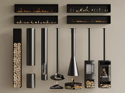 Modern Black Fireplace Designs With Chimney Pipes And Wood Storage Units 3d model