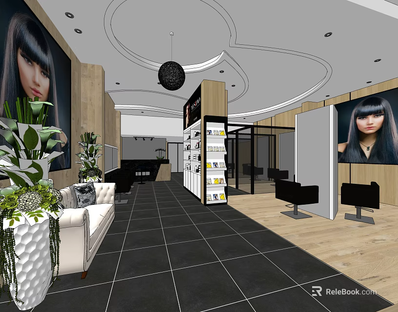 Modern Beauty Hair Salon Interior With Styling Chairs Plant Decor And Posters 3d model 