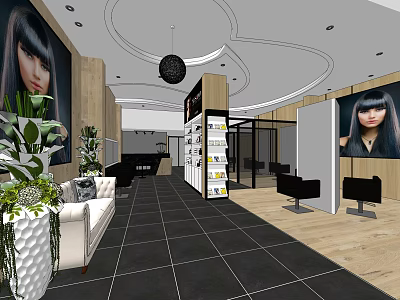 Modern Beauty Hair Salon Interior With Styling Chairs Plant Decor And Posters 3d model