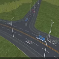 Road Infrastructure With Curved Road Lane Lines Street Lamps And Vehicles Driving Along Grassland