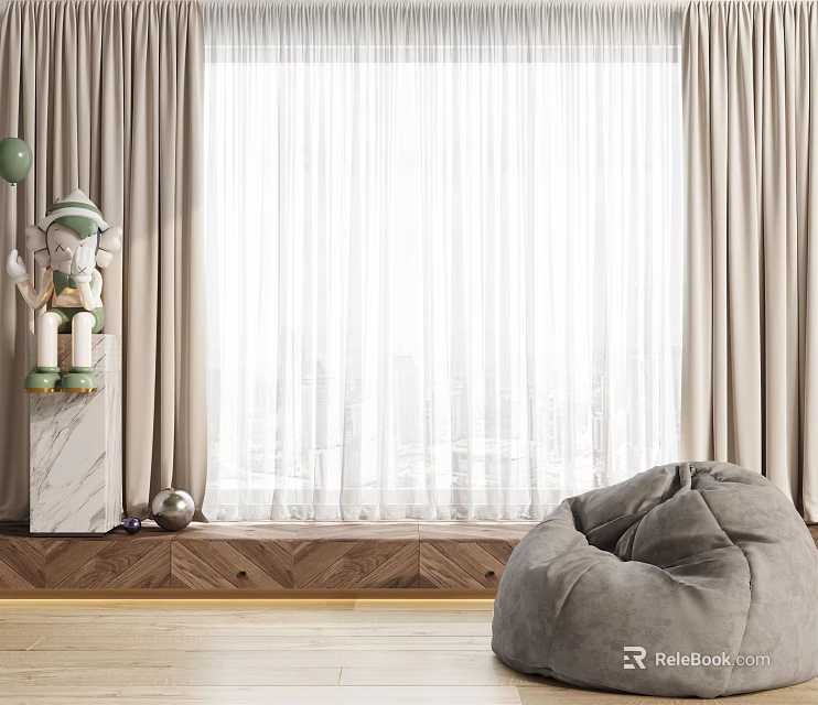 Beige Curtains With White Sheer Layers For Large Window In Cozy Room Interior 3d model 
