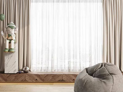 Beige Curtains With White Sheer Layers For Large Window In Cozy Room Interior 3d model