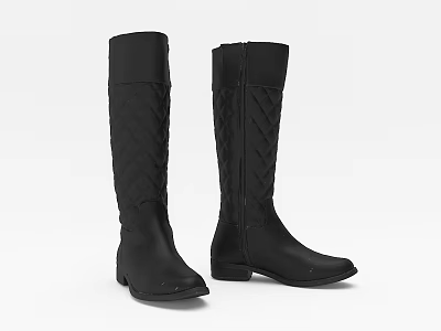 Classic Black Knee High Leather Boots With Quilted Pattern Design 3d model